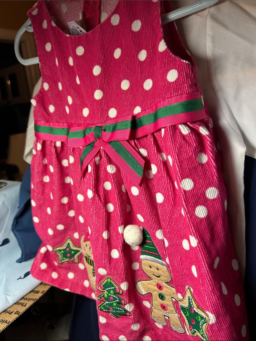 Pink Polka Dot Holiday Corduroy Dress with Gingerbread appliqués Size 18 mo. EUC